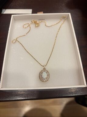 Gold Milky White Opal Halo Pendant Necklace October 25
